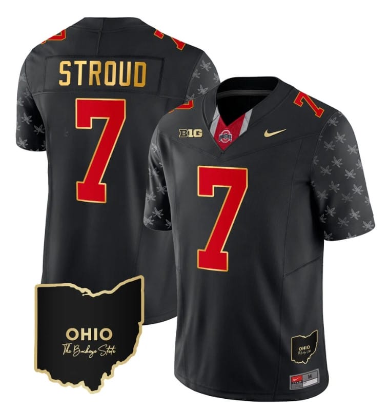 Ohio State Buckeyes CJ Stroud Jersey #7 College Football Stitched Alternate Black Gold Trim 1 Ohio State Buckeyes CJ Stroud Jersey #7 College Football Stitched Alternate Black Gold Trim