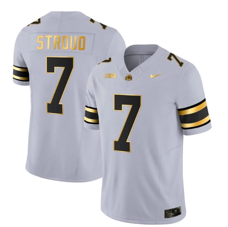 Ohio State Buckeyes CJ Stroud Jersey #7 College Football Stitched Gray Gold 1 Ohio State Buckeyes CJ Stroud Jersey #7 College Football Stitched Gray Gold