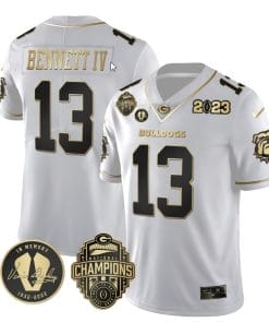 Stetson Bennett Jersey #13 Georgia Bulldogs Football 2023 Champions and Vince Dooley Patch White Gold All Stitched