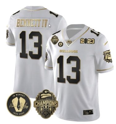 Stetson Bennett Jersey #13 Georgia Bulldogs Football 2023 Champions and Vince Dooley Patch White Gold All Stitched