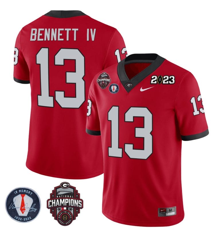 Stetson Bennett Jersey #13 Georgia Bulldogs Football 2023 Champions and Vince Dooley Patch Red All Stitched 1 Stetson Bennett Jersey #13 Georgia Bulldogs Football 2023 Champions and Vince Dooley Patch Red All Stitched