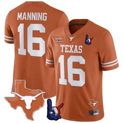 Arch Manning Jersey #16 Texas Longhorns Texas State Map and Throwing Up The H Patch Football Orange 8 Arch Manning Jersey #16 Texas Longhorns Texas State Map and Throwing Up The H Patch Football Orange