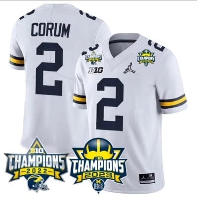 Blake Corum Jersey #2 Michigan Wolverines 2023 Big Ten Back to Back Champions Patch Stitched White