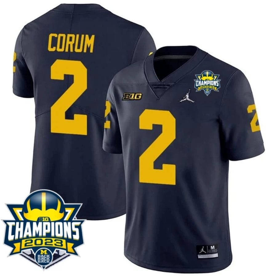 Blake Corum Jersey #9 Michigan Wolverines 2023 Big Ten Champions Patch Stitched Navy 1 Blake Corum Jersey #9 Michigan Wolverines 2023 Big Ten Champions Patch Stitched Navy