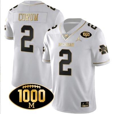 Blake Corum Jersey #2 Michigan Wolverines 1000 Wins Patch Football All Stitched White Gold