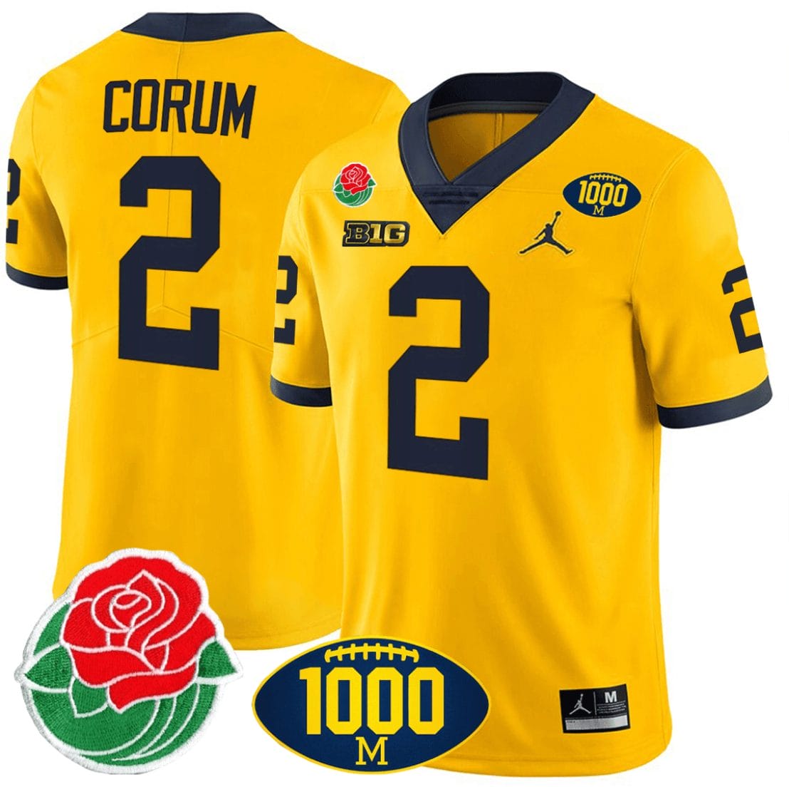 Blake Corum Jersey #2 Michigan Wolverines 1000 Wins & Rose Bowl Patch Special Yellow 1 Blake Corum Jersey #2 Michigan Wolverines 1000 Wins & Rose Bowl Patch Special Yellow