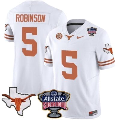 Bijan Robinson Jersey #5 Texas Longhorns Sugar Bowl Patch Vapor Football White 8 Bijan Robinson Jersey #5 Texas Longhorns Sugar Bowl Patch Vapor Football White