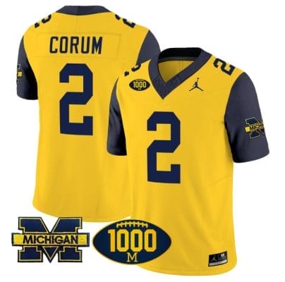 Blake Corum Jersey #2 Michigan Wolverines 1000 Wins Patch Vapor Limited Football Navy Sleeves