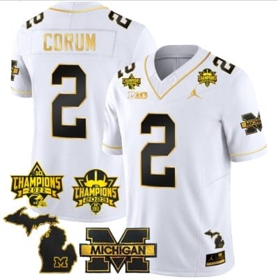 Blake Corum Jersey #2 Michigan Wolverines 2023 Big Ten Back to Back Champions Patch Stitched White Gold 8 Blake Corum Jersey #2 Michigan Wolverines 2023 Big Ten Back to Back Champions Patch Stitched White Gold