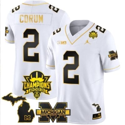 Blake Corum Jersey #9 Michigan Wolverines 2023 Big Ten Champions Patch Stitched White Gold