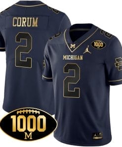 Blake Corum Jersey #2 Michigan Wolverines 1000 Wins Patch Football All Stitched Navy Gold