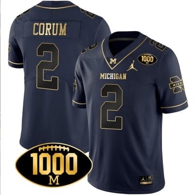 Blake Corum Jersey #2 Michigan Wolverines 1000 Wins Patch Football All Stitched Navy Gold