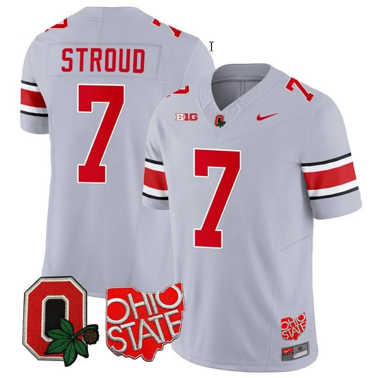 CJ Stroud Jersey #7 Ohio State Buckeyes College Football Stitched Logo Patch Gray 1 CJ Stroud Jersey #7 Ohio State Buckeyes College Football Stitched Logo Patch Gray