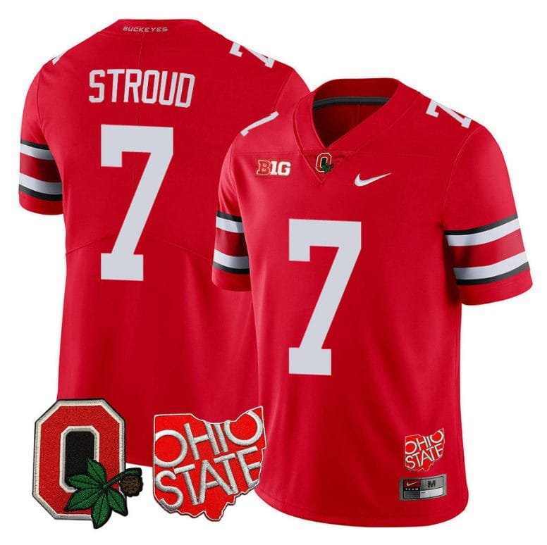 CJ Stroud Jersey #7 Ohio State Buckeyes College Football Stitched Logo Patch Scarlet 1 CJ Stroud Jersey #7 Ohio State Buckeyes College Football Stitched Logo Patch Scarlet