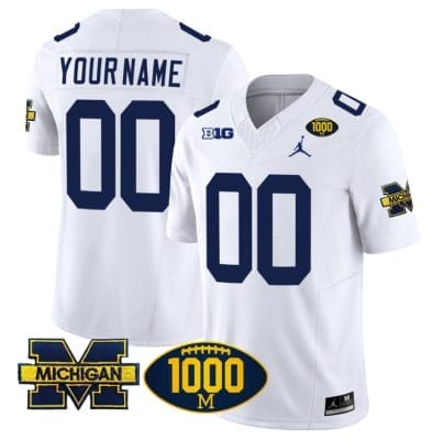 Custom Michigan Wolverines Jersey Name and Number 1000 Wins Patch Vapor Limited Football White