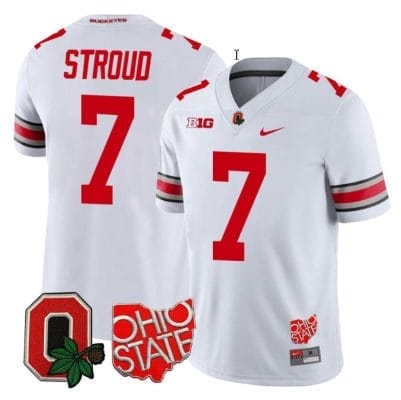 CJ Stroud Jersey #7 Ohio State Buckeyes College Football Stitched Logo Patch White 8 CJ Stroud Jersey #7 Ohio State Buckeyes College Football Stitched Logo Patch White
