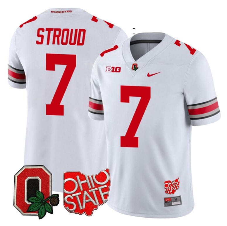 CJ Stroud Jersey #7 Ohio State Buckeyes College Football Stitched Logo Patch White 1 CJ Stroud Jersey #7 Ohio State Buckeyes College Football Stitched Logo Patch White