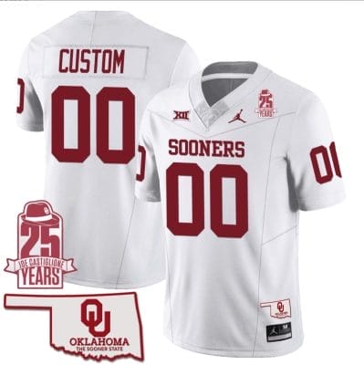 Custom Oklahoma Sooners Jersey Name and Number 25th Anniversary Patch Football White 8 Custom Oklahoma Sooners Jersey Name and Number 25th Anniversary Patch Football White