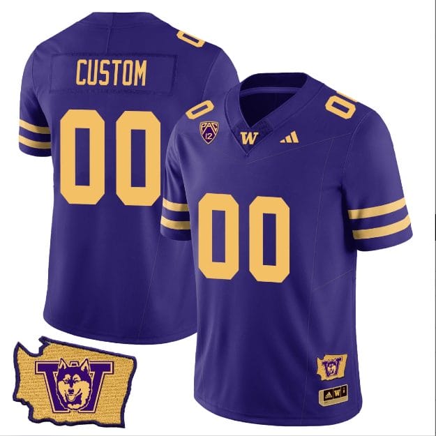 Custom Washington Huskies Jersey Name and Number Washington Map Patch Football Purple Gold 1 Custom Washington Huskies Jersey Name and Number Washington Map Patch Football Purple Gold