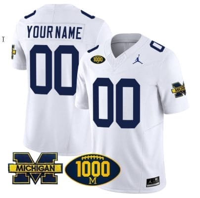 Custom Michigan Wolverines Jersey Name and Number 1000 Wins Patch Vapor College Football White
