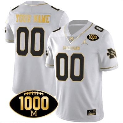Custom Michigan Wolverines Jersey Name and Number 1000 Wins Patch Football All Stitched White Gold