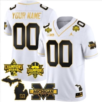 Custom Michigan Wolverines Jersey Name and Number 2023 Big Ten Back to Back Champions Patch White Gold