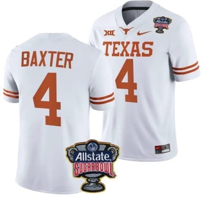 CJ Baxter Jersey #4 Texas Longhorns Allstate Sugar Bowl Patch 2024 College Football White