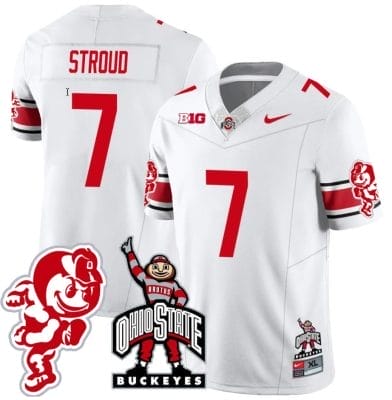 CJ Stroud Jersey #7 Ohio State Buckeyes Football Stitched Brutus Buckeye Patch White 8 CJ Stroud Jersey #7 Ohio State Buckeyes Football Stitched Brutus Buckeye Patch White