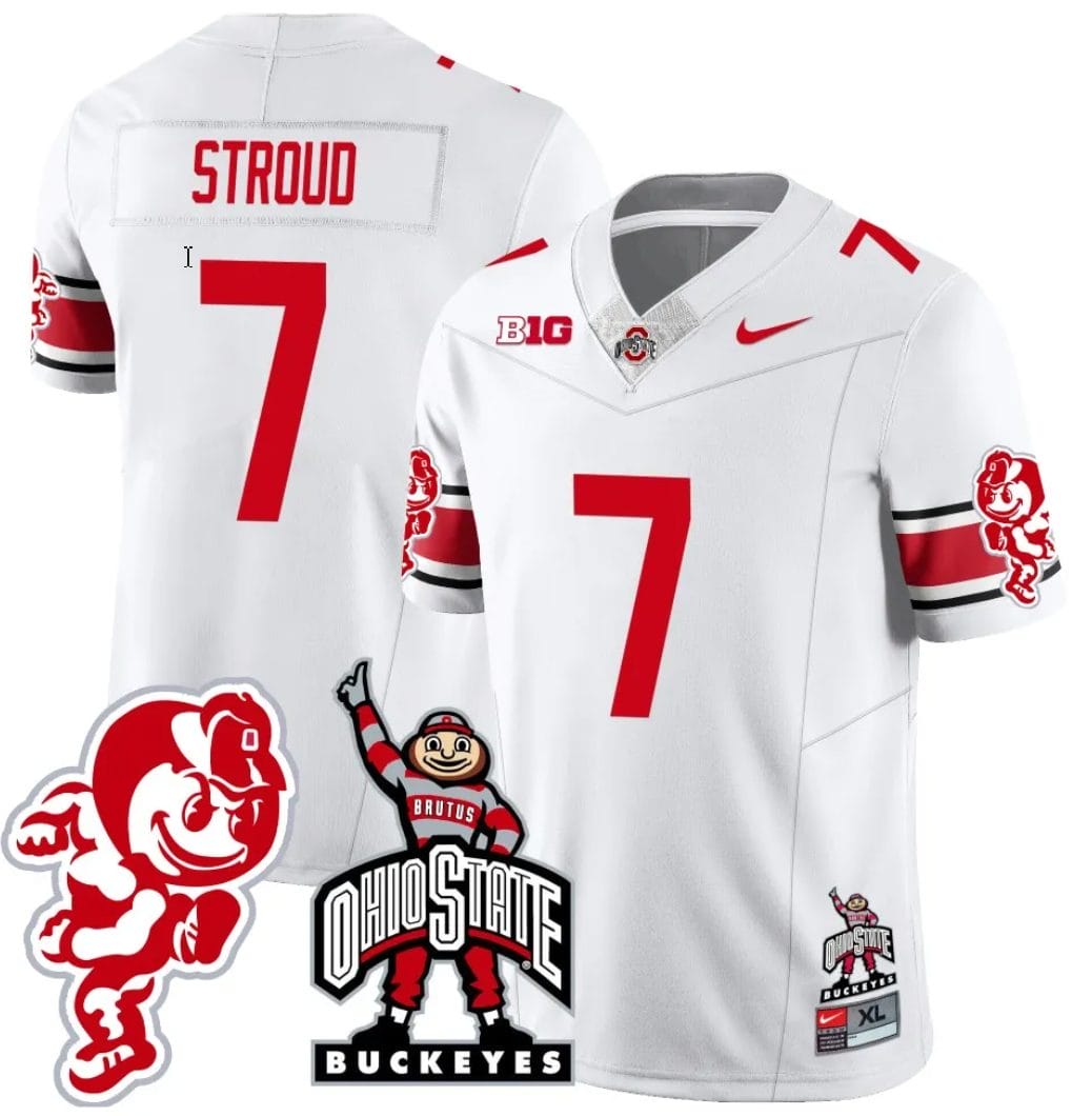 CJ Stroud Jersey #7 Ohio State Buckeyes Football Stitched Brutus Buckeye Patch White 1 CJ Stroud Jersey #7 Ohio State Buckeyes Football Stitched Brutus Buckeye Patch White