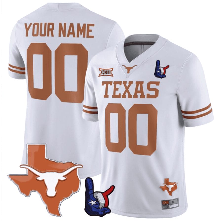 Custom Texas Longhorns Jersey Name and Number Texas State and Throwing Up The H Patch White 1 Custom Texas Longhorns Jersey Name and Number Texas State and Throwing Up The H Patch White