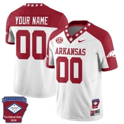 Custom Arkansas Razorback Jersey Name and Number Football The Natural State Patch White Alternate