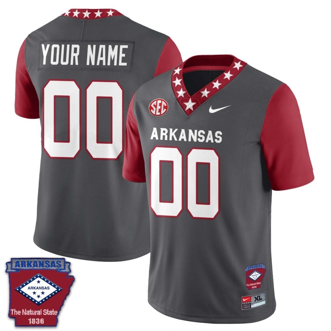 Custom Arkansas Razorback Jersey Name and Number Football The Natural State Patch Gray Sleeves Red 1 Custom Arkansas Razorback Jersey Name and Number Football The Natural State Patch Gray Sleeves Red