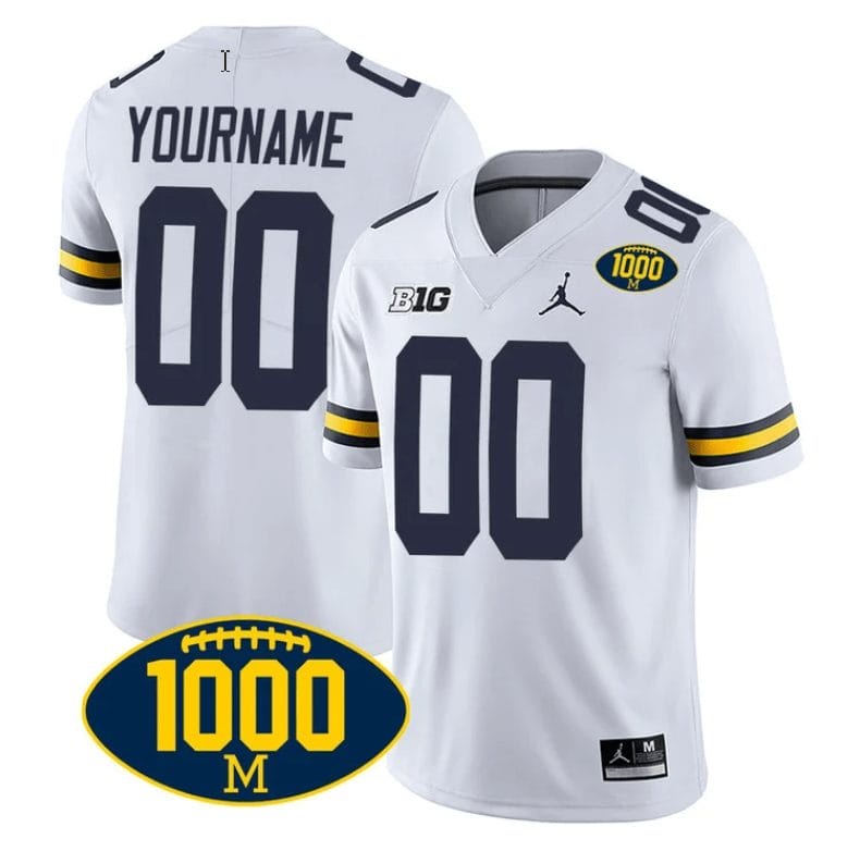 Custom Michigan Wolverines Jersey Name and Number 1000 Wins Patch Football White 1 Custom Michigan Wolverines Jersey Name and Number 1000 Wins Patch Football White