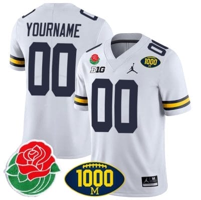 Custom Michigan Wolverines Jersey Name and Number 1000 Wins & Rose Bowl Patch Special White 8 Custom Michigan Wolverines Jersey Name and Number 1000 Wins & Rose Bowl Patch Special White