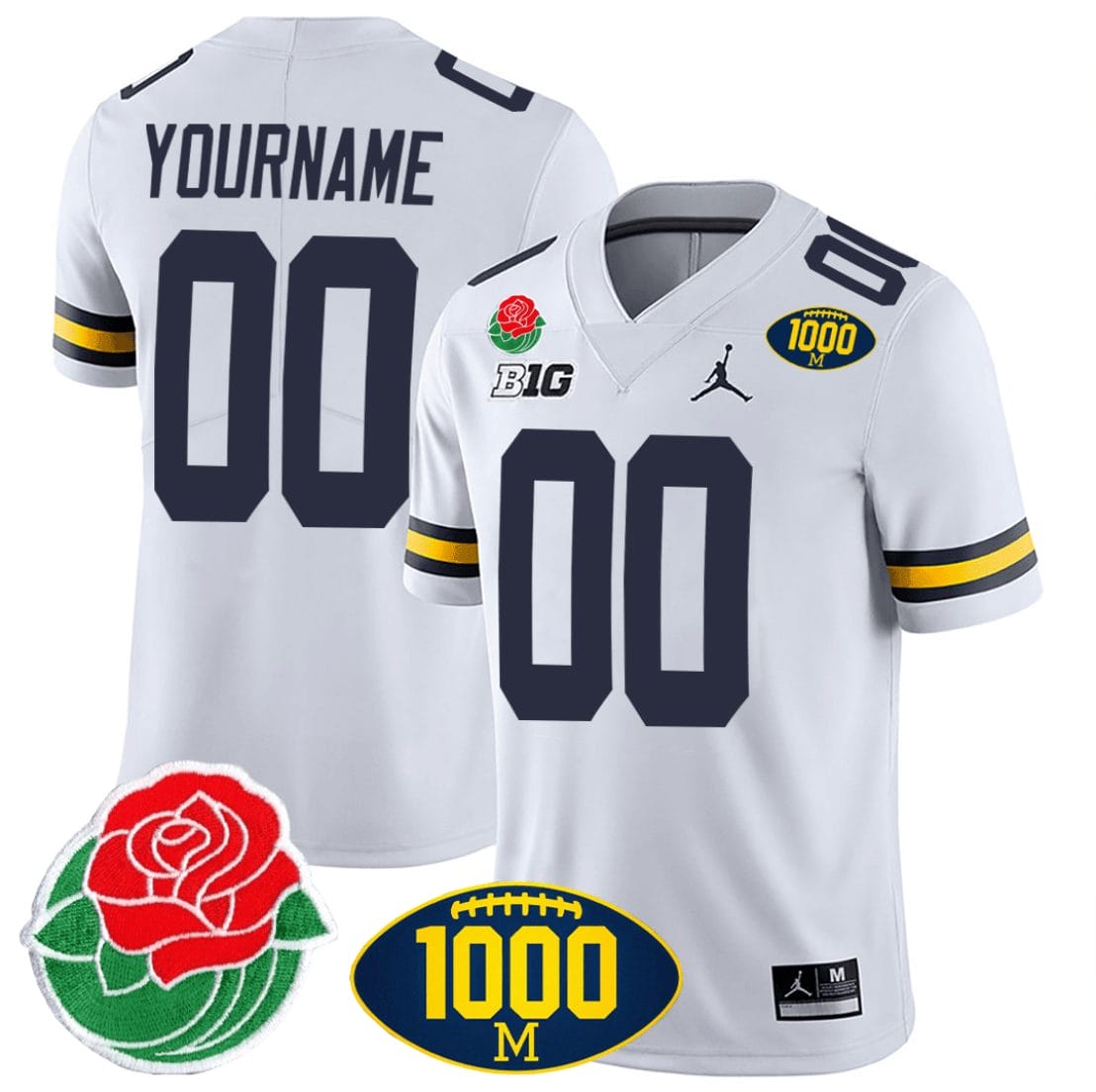 Custom Michigan Wolverines Jersey Name and Number 1000 Wins & Rose Bowl Patch Special White 1 Custom Michigan Wolverines Jersey Name and Number 1000 Wins & Rose Bowl Patch Special White