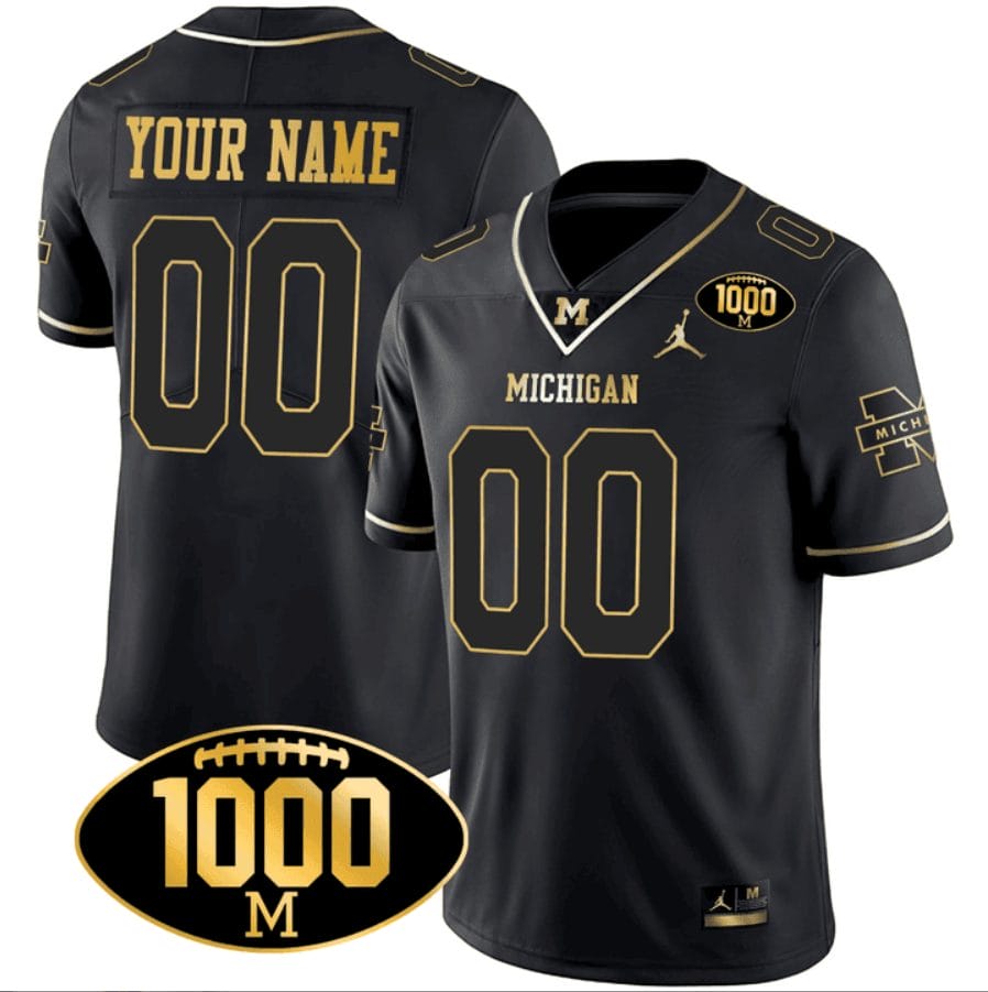 Custom Michigan Wolverines Jersey Name and Number 1000 Wins Patch Football All Stitched Black Gold 1 Custom Michigan Wolverines Jersey Name and Number 1000 Wins Patch Football All Stitched Black Gold