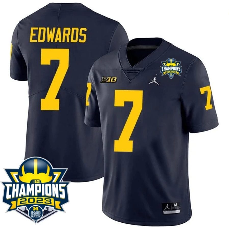 Donovan Edwards Jersey #7 Michigan Wolverines 2023 Big Ten Champions Patch Stitched Navy 1 Donovan Edwards Jersey #7 Michigan Wolverines 2023 Big Ten Champions Patch Stitched Navy