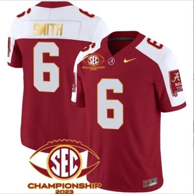 DeVonta Smith Jersey #6 Alabama Crimson SEC Championship 2023 Patch Vapor Gold Football Crimson Alternate 8 DeVonta Smith Jersey #6 Alabama Crimson SEC Championship 2023 Patch Vapor Gold Football Crimson Alternate