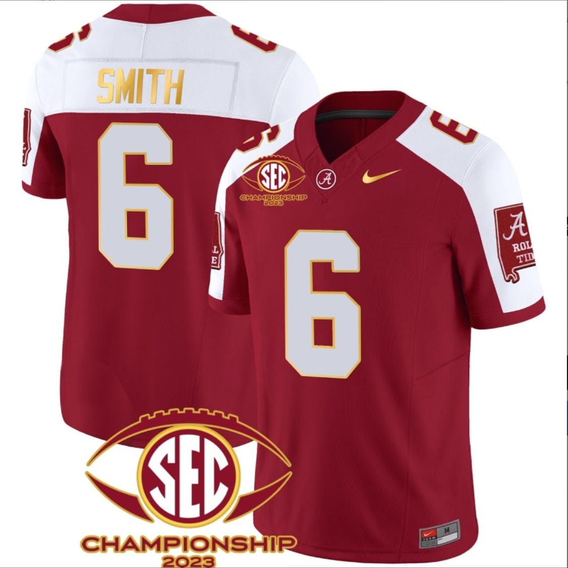 DeVonta Smith Jersey #6 Alabama Crimson SEC Championship 2023 Patch Vapor Gold Football Crimson Alternate 1 DeVonta Smith Jersey #6 Alabama Crimson SEC Championship 2023 Patch Vapor Gold Football Crimson Alternate