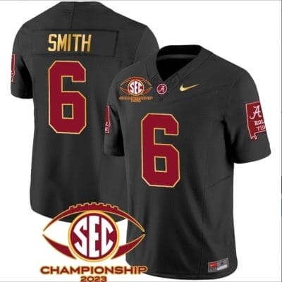 DeVonta Smith Jersey #6 Alabama Crimson SEC Championship 2023 Patch Vapor Gold Football Black