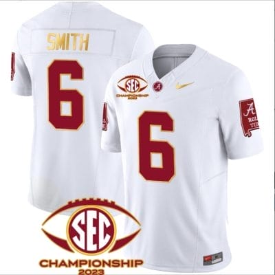 DeVonta Smith Jersey #6 Alabama Crimson SEC Championship 2023 Patch Vapor Gold Football White