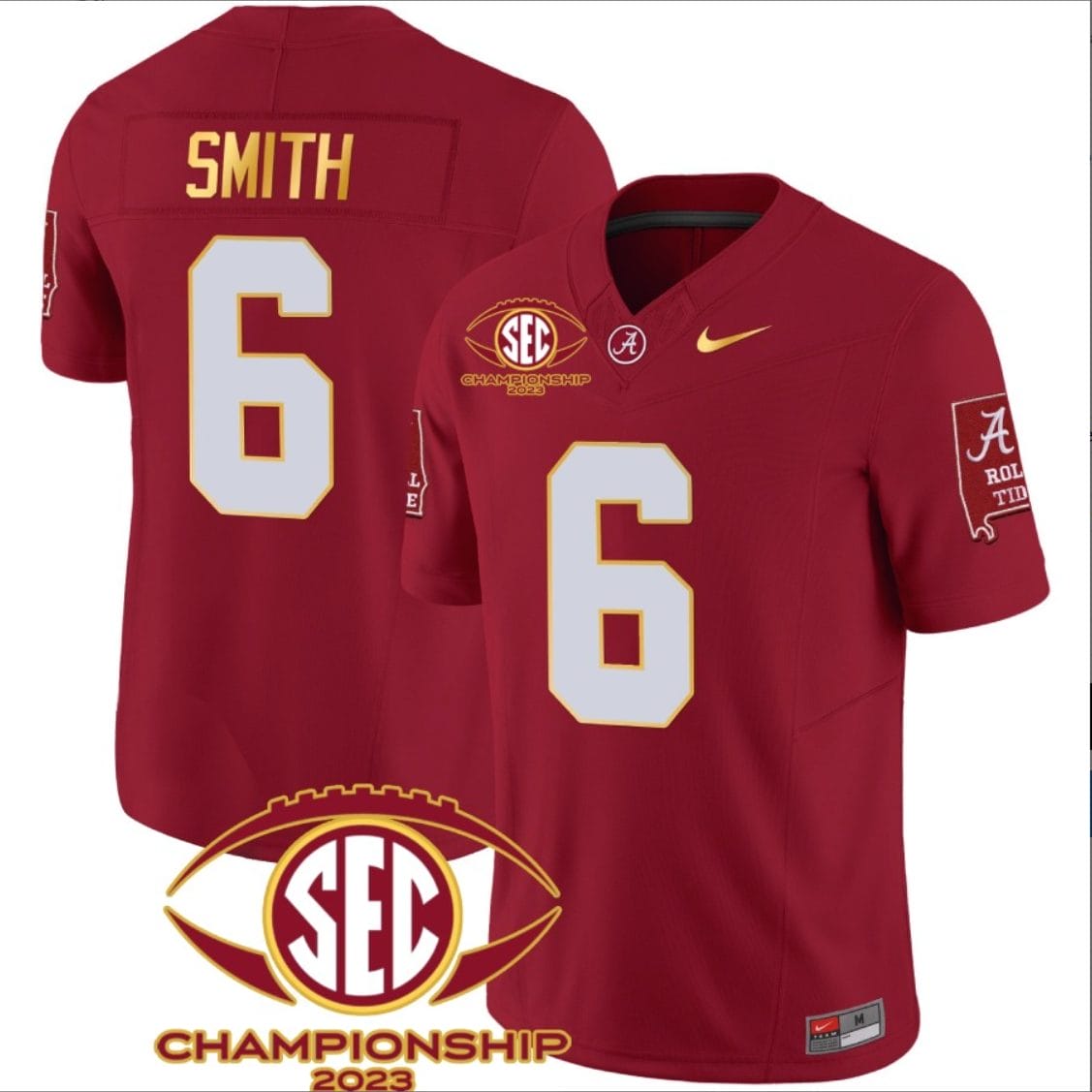 DeVonta Smith Jersey #6 Alabama Crimson SEC Championship 2023 Patch Vapor Gold Football Crimson 1 DeVonta Smith Jersey #6 Alabama Crimson SEC Championship 2023 Patch Vapor Gold Football Crimson