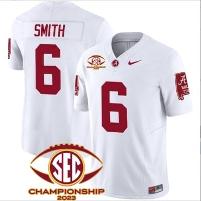 DeVonta Smith Jersey #6 Alabama Crimson SEC Championship 2023 Patch Vapor Limited Football White