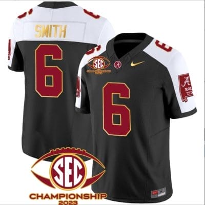 DeVonta Smith Jersey #6 Alabama Crimson SEC Championship 2023 Patch Vapor Gold Football Black Alternate