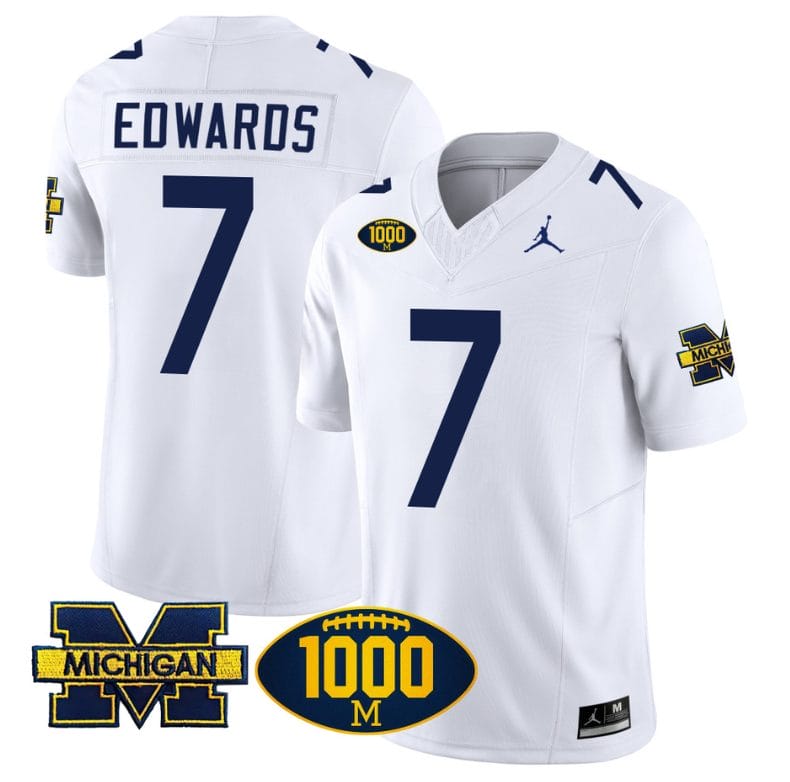 Donovan Edwards Jersey #7 Michigan Wolverines 1000 Wins Patch Vapor Limited Football White 1 Donovan Edwards Jersey #7 Michigan Wolverines 1000 Wins Patch Vapor Limited Football White