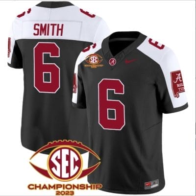 DeVonta Smith Jersey #6 Alabama Crimson SEC Championship 2023 Patch Vapor Limited Football Black Alternate 8 DeVonta Smith Jersey #6 Alabama Crimson SEC Championship 2023 Patch Vapor Limited Football Black Alternate