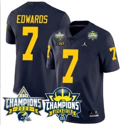 Donovan Edwards Jersey #7 Michigan Wolverines 2023 Big Ten Back to Back Champions Patch Stitched Navy 8 Donovan Edwards Jersey #7 Michigan Wolverines 2023 Big Ten Back to Back Champions Patch Stitched Navy