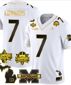 Donovan Edwards Jersey #7 Michigan Wolverines 2023 Big Ten Back to Back Champions Patch Stitched White Gold