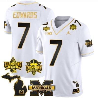 Donovan Edwards Jersey #7 Michigan Wolverines 2023 Big Ten Back to Back Champions Patch Stitched White Gold 8 Donovan Edwards Jersey #7 Michigan Wolverines 2023 Big Ten Back to Back Champions Patch Stitched White Gold