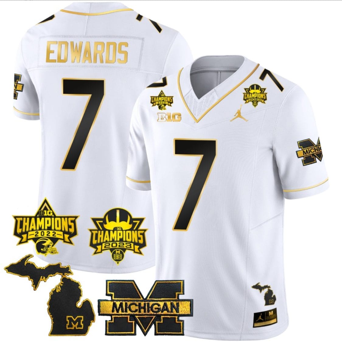 Donovan Edwards Jersey #7 Michigan Wolverines 2023 Big Ten Back to Back Champions Patch Stitched White Gold 1 Donovan Edwards Jersey #7 Michigan Wolverines 2023 Big Ten Back to Back Champions Patch Stitched White Gold